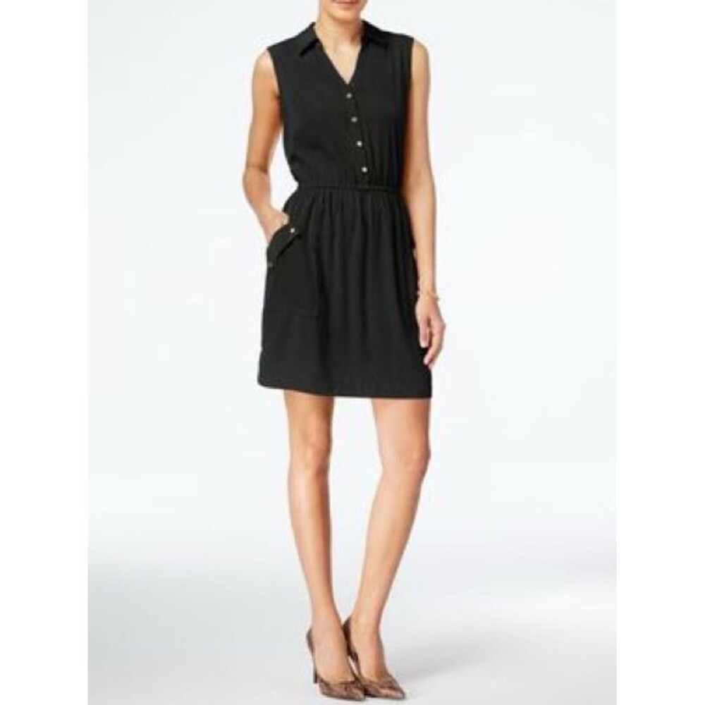 Alfani Black Sleeveless Collared Button Utility Pocket Lightweight Dress. 12.